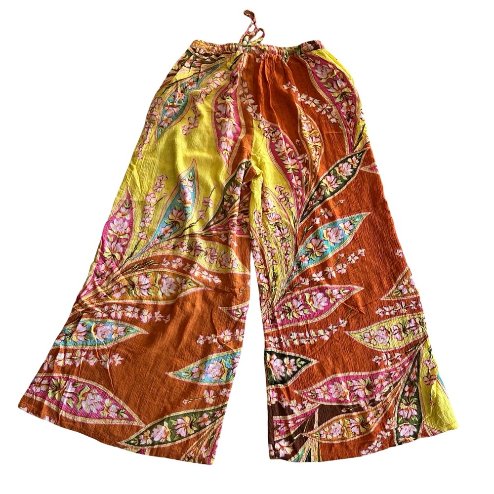 Haute Hippie Orange Yellow Floral Wide Leg Palazzo Print Crepe Pants Size Large - Picture 7 of 13